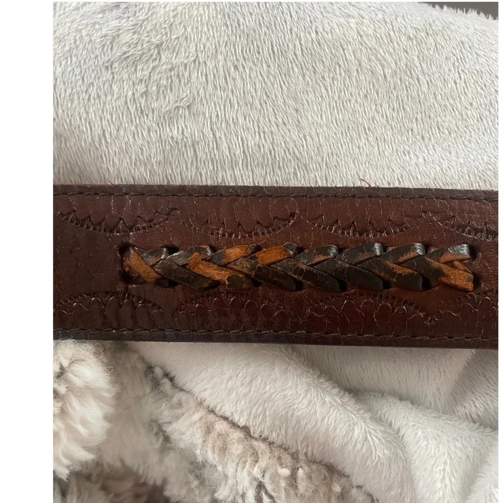 Vintage Brown Tooled Leather Belt Whipstitch Western Boho 32-36